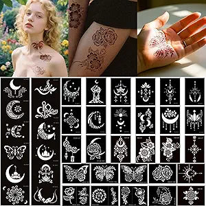 Temporary Tattoo Stencils Kit, 40 Sheets Henna Adhesive Body Art Stencils for Women Man Face Body Paint DIY Art Reusable Glitter Tattoo Stencils Pack