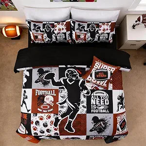 Meeting Story Football Comforter Set with Sheets 6 Piece Queen Size Sports Geometric Grid Coffee Patchwork Bedding Set for Kids Boys 6 Pcs Bed in a Bag (Coffee, Queen)