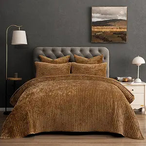 PHF Striped Channel Luxury Velvet Quilt Set King Size, Rusty Burnt Orange
