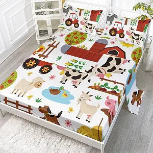 Farm Theme Sheets Set 4Pcs for Kids,Colorful Farm Theme Printed Sheet Set with 1 Flat Sheet and 1 Fitted Sheet + 2 Pillowcases(Farm Theme Queen)