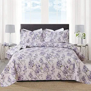 Purple Green White Floral Quilt Full/Queen Size Lightweight Flower Leaves Bedspread Rustic Botanical Bedding Garden Plants Blossom Coverlet Set Cabin Home Decor