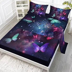 Bedding Fitted Sheet and Flat Sheet Set 4Pcs Galaxy Butterfly Printed Bedding Set with 1 Flat Sheet and 1 Fitted Sheet + 2 Pillowcases for Girls (Galaxy Butterfly Twin)