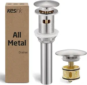 All Metal Pop Up Drain for Bathroom Sink with Anti-Clog Hair Catcher, Bathroom Sink Drain Stopper with Overflow, Vanity Vessel Sink Drain Brushed Nickel 18/8 Stainlees & Brass, S20001A-BN