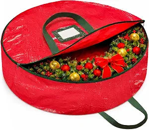 ZOBER Christmas Wreath Storage Container 30 Inch - Wreath Bag for Artificial Wreaths Box - Dual Zippered Wreaths Storage Bag with Strong Durable Handles - Red