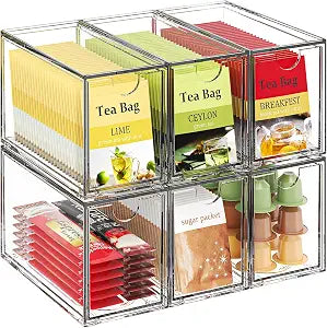 6 Pack Clear Stackable Tea Bag Organizer, Acrylic Drawer Teabag Holder