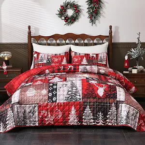 Likiyol 3 Piece Christmas Quilts Queen Size Retro Patchwork Quilt Bedding Set with 2 Pillow Shams Buffalo Plaid Deer Reversible Comforter Bedspread Coverlet for Christmas Decorations(90'' X 90'')