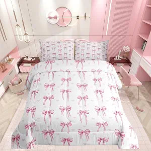 Feelyou Pink Bow Comforter Set Twin Size Girly Bow Bedding Set for Kids Boys Girls Cute Coquette Bowknot Duvet Quilt Cute Dreamy Princess Style Bedroom Decor Kawaii 2 Pcs with 1 Pillow Cases