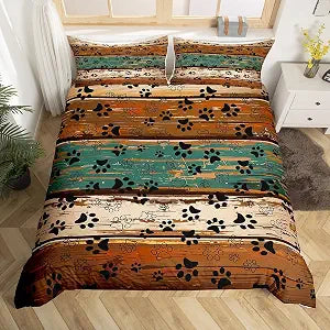 Manfei Paw Print Kids Duvet Cover Set Full Size, Animal Tracks Print Bedding Set for Boys Girls Dog Lover, Retro Wooden Plank Comforter Cover, Rustic Farmhouse Quilt Cover, 2 Pillowcases,No Comforter