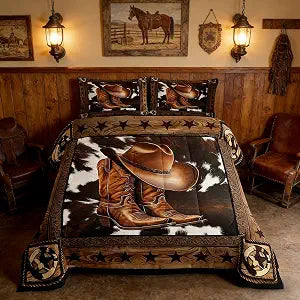 Manfei Western Cowboy Comforter Set Twin Size,Western Texas Star Wooden Plank Rustic Bedding Set,Boys Girls Adults Room Decor,Cow Fur Farmhouse Down Comforter,Brown Retro Duvet Insert,1 Pillowcase