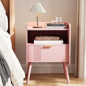Aenuert Night Stand Modern End Table with Storage Drawer and Open Shelf, Small Bedside Stand, Wooden Sofa Side Table for Bedroom,Study Room and Small Spaces (Pink)