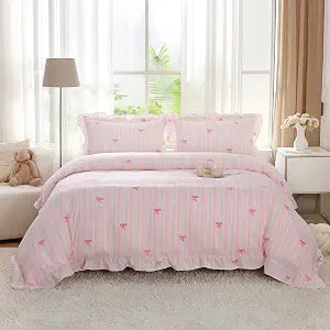 Pink Striped Bow Queen Duvet Cover Ruffled Romantic Bedding Set