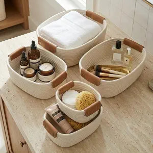 Beautiful Storage Basket Set of 5 - Sturdy Cotton Rope Baskets for Shelves