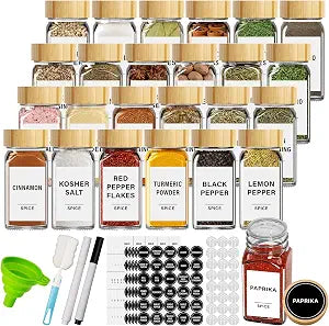 24 Pack 4 oz Square Glass Spice Jars with Labels, Airtight Bamboo Lids