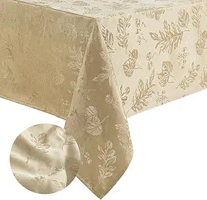 Elegant Woven Leaves Jacquard Damask Tablecloth, Taupe - 60" W x 102" L
