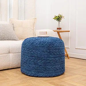 Poofieotto Unstuffed Ottoman Pouf Cover Round Faux Fur Footstool Plush Floor Pouf (No Filler Included) Perfect for Living Room, Bedroom, or Office Lounge (Navy Blue, 20x20x15 in)