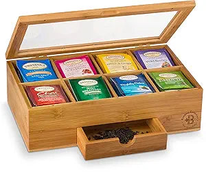 Tea Bag Organizer Box 8-Compartment Tea Storage Holder, Bamboo
