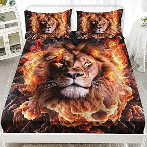 AILONEN 3D Fire Smoky Lion Pattern Fitted Sheet Set Twin Size - 3 Pieces Animal Print Bed Sheet Set for Boys Girls (1 Fitted Sheet, 2 Pillowcases)