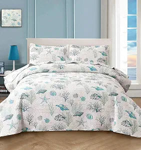 CHESITY 3-Piece Ocean Quilts Set Twin Size Beach Bedspread Lightweight Coastal Bedding Reversible Bedding Cover Nautical Coverlet Set Seaweed Coral Beach Conch Sheet(68"x86")