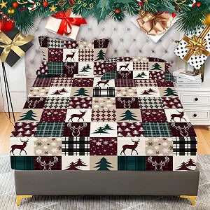 YIYEA Christmas Fitted Sheet with Pillowcases, Premium Double Brushed Microfiber Fitted Bottom Sheet, 16" Deep Pocket, Ultra Soft, Shrinkage, Fade Resistant, Queen Size