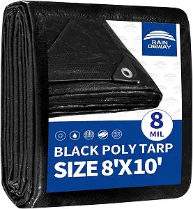 RAINDEWAY Black Tarp 8x10 Feet 8 Mil Multipurpose Waterproof Tarps