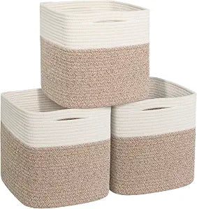 11x11 Cube Storage Bin - 3 Pack Woven Storage Cubes Organizer, 11 Inch Cotton Rope Baskets for Organizing, Square Baskets for Shelves, Baby Nursery Closet Bins, Cubby Toy Box Organizer