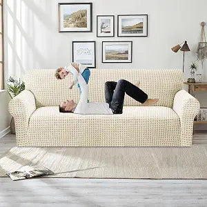 MAXIJIN Stretch Couch Cover Sofa Covers for 3 Cushion Couch (71"-91" Washable Sofa Slipcovers with Non-Slip Foam & Elastic Strap, Dog Cat Pet Friendly Furniture Protector (Large, Beige)