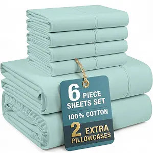 Casa Platino 100% Cotton 6 Pc Queen Sheets Set with 4 Pillowcases, 15" Deep Pocket, Durable Percale Weave Naturally Cooling Queen Bedding Set, Ultra Soft & Cozy, Fit, Oeko Tex Certified ��� Blue Sky