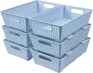 Tiawudi Stackable Woven Plastic Basket, Storage Bins for Cabinet, Closet, Shelf, Under Sink and Countertop, Pantry Organizer Bins, 6 Pack