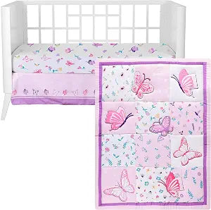 Baby Crib 3-Piece Bedding Set, Light Purple, Butterfly Design (Purple)