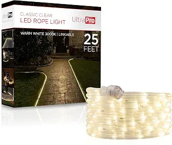 UltraPro 25 Foot LED Rope Lights, Clear Rope, Warm White 3000K, Outdoor
