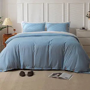 MUKKA Duvet Cover Set King Size Coconut Button Closure Linen-Like Style 145g-Weight Durable Brushed Microfiber Soft Modern King Duvet Cover (Mid Blue���King