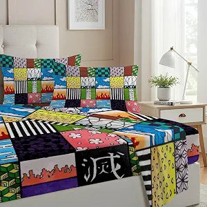 Allenjoy Twin Size Demon Battles Fitted Sheet Anime Bed Flat Sheets Bedding Set Deep Pockets Up to 16" Bedroom Decor with 1 Pillowcase SC00040-009