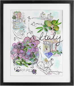 Italy Sketch Grapes Bistro, 13 x 16 Inch Framed Print Under Glass