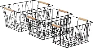 Amazon Basics Stackable Rectangular Wire Storage Baskets for Closet Organization, Set of 3, Multipurpose Home Organizer, Black