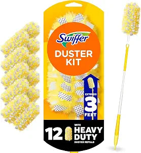 Swiffer Duster Kit with 3 ft Extendable Handle, Dusters for Cleaning, Set Includes 1 Extension Pole and 12 Heavy Duty Dusting Refills Dust Cleaner, Long Extended Wand for Ceiling Fans and Walls