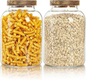 Bekith 2 Pack Large Glass Food Storage Jar with Airtight Wooden Lid, 66 FL OZ(1950ml) Glass Food Canister for Kitchen and Pantry Organization, Storage Containers for Coffee, Rice, Sugar, Flour
