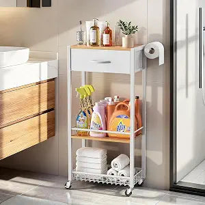 Lewondr 3-Tier Slim Storage Cart with Drawer, Rolling Utility Cart, White