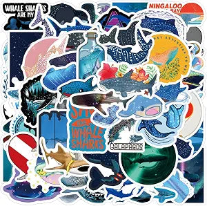 64pcs Whale Shark Aesthetics Cartoon Waterproof Vinyl Stickers for Water Bottles Laptop Suitcase for Birthday Party Supplies Halloween Decoration Favors