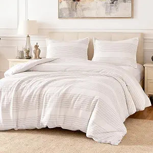 Amazon Basics Duvet Cover Waffle Weave 3-Piece Cotton-Like Soft Bedding Set, with 1 Duvet Cover with Zipper and 2 Pillow Shams, Comforter Not Included, Full, Dark Grey Striped