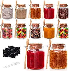 YEBODA 10 oz Small Glass Storage Jars with Cork Lids and Spoons, 12 Pack