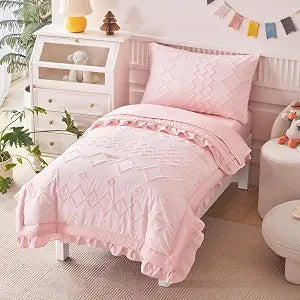 AIKASY Toddler Bedding Set 4 Pieces Super Soft Comforter Set, Shabby Boho Bohemian Design for Boys and Girls���Ruffle Fringe Comforter, Flat Sheet, Fitted Sheet and Pillowcase���- Coral Pink
