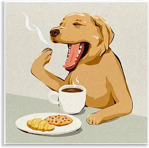 Yawning Dog Morning Coffee, 12 x 12 Inch Mounted Print on Wall Plaque