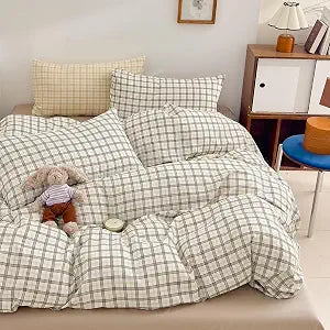 AOJIM Grey Plaid Duvet Cover Twin, 3-P[iece Classic Vintage Gingham Bedding Set - Cotton Double Layer Gauze Soft Breathable Comforter Cover with Zipper Closure & 2 Pillowcases, Easy Care