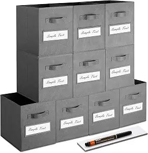 11 Inch Storage Cube,Storage bin (Set of 10) Foldable Fabric Cube Storage Bins with 10 Labels Window Cards & a Pen,Baskets Containers for Shelves,Closet Organizers Box for Home & Office,Gray
