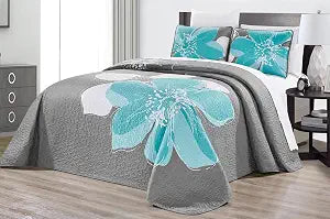 Grand Linen - 3-Piece Fine Printed (90 X 88) Quilt Set Reversible Bedspread Coverlet (Double) Full Size Bed Cover (Aqua Blue, Grey, White Hibiscus Floral)