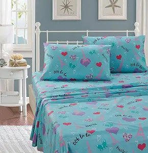 Kids Zone Home Linen Sheet Set Aqua Paris for Girls/Teens Paris Eiffel Tower Hearts Butterflies New # Aqua Paris (Twin)