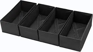 Sock Drawer Organizer 4 Pack - Collapsible Fabric Storage Bins for Underwear Divider, Small Closet Organizers with 4 Compartments, Black
