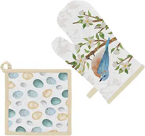 Boston International Cotton Oven Mitt and Pot Holder Kitchen Gifts, 8" x 13" and 7.5" x 7.5", Birds