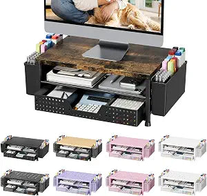 Monitor Stand Riser with Plastic Drawer and Two Pen Holders, Dark Wood Top