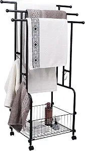 42" Tall Bathroom Towel Rack, Standing Towel Racks, 3 Tier Towel Holder with Storage Basket & 4 Hooks, Indoor Outdoor Freestanding Towel Racks with Anti-Skid Wheels, Pool Towel Blanket Stand